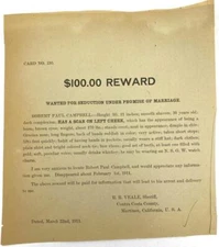 1911 $100.00 Reward Wanted Poster Seduction Under Promise of Marriage