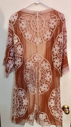 Ana Rose bräunlich, koralle Blumen Spitze Staubtuch Kimono vorne offen Boho XL - Bild 3 von 4