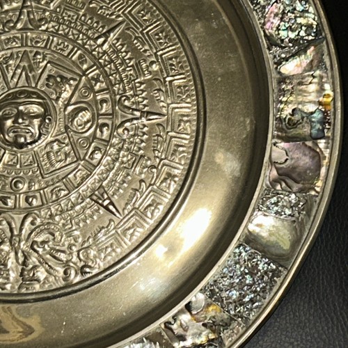 Mexico Alpaca Silver Metal Mother of Pearl Aztec Mayan Calendar Round Plate 11” - Picture 5 of 9
