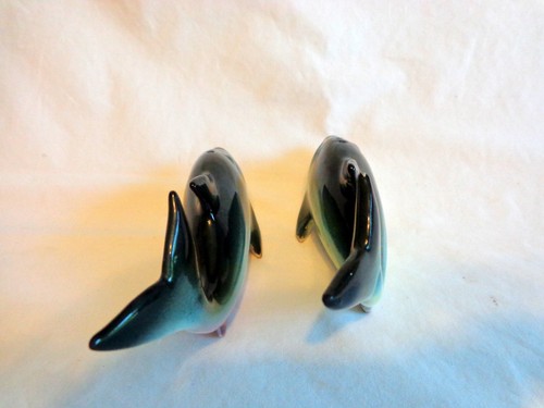 Dolphin Salt and Pepper Shakers 5" Black Blue Porcelain Japan Cork Stoppers - Picture 6 of 7