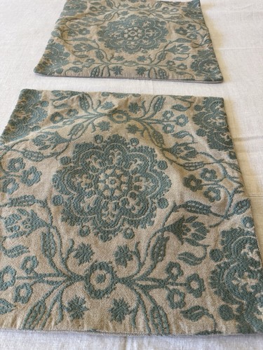 2 Pottery Barn 18x18 Embroidered Pillow Covers Medallion Blue Green Cotton - Picture 22 of 24