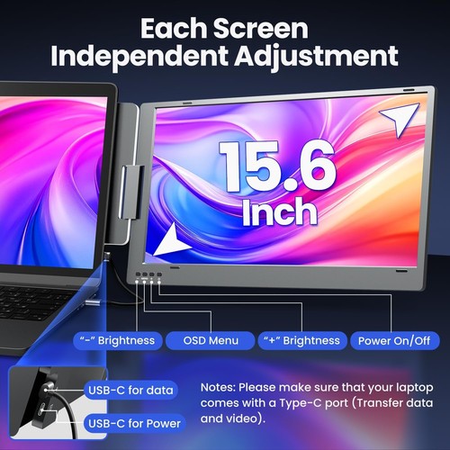 KPKUE 15,6" Laptop Screen Extender Monitor, 1080P FHD IPS Dual Portable Monitor - Bild 7 von 7