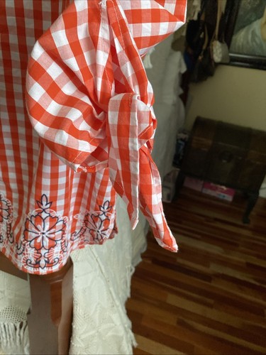 NWT Crown & Ivy Women's Orange White Plaid Cotton Blouse, Size Medium Beautiful - Picture 3 of 12