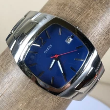 GUESS Men G85542G Fashion Date Silver Tone Rectangular Quartz 37mm Watch 7"