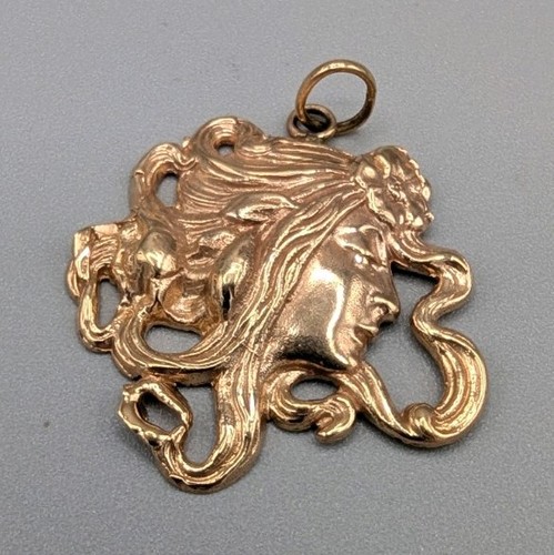 14K Gold Art Nouveau Pendant, Portrait of Woman w Flowing Hair