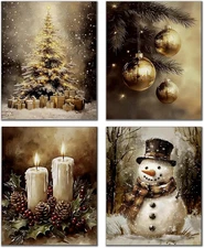 Vintage Christmas Wall Art Prints Set of 4, Farmhouse Christmas Decor, Moody Rus