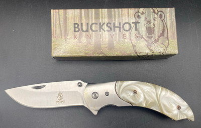 Buckshot Collector Knife ~ Smooth WHITE Swirl Handles YC-S-8389-WT NEW