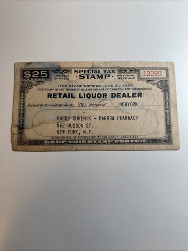 Special Tax Stamp - Retail Liquor Dealer - FYE 1933 - US Revenue - Picture 1 of 2
