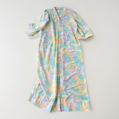 VTG 50s 60s Sears Take Along House Coat Dress M Zip Front Pastel Colorful Lounge