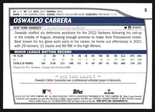 2023 Topps Big League #5 Oswaldo Cabrera RC - Picture 2 of 2