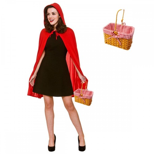 Adult Red Riding Hood Cape + Red Gingham Plastic Basket Book Day Fancy Dress - Picture 1 of 4