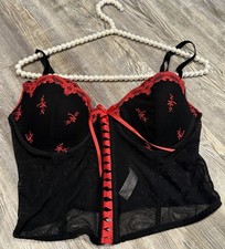 VTG 90s delicates  Black Mesh Red Laced Bonded Padded Ribbon Lace Up Bustier 38C