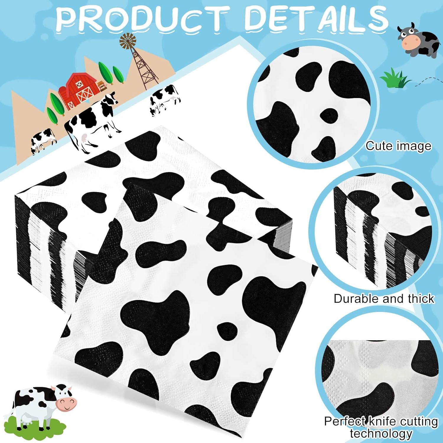 Chengu 100 Pieces Cow Print Napkins 2 Layers 10 x 10 inches, White, Black 