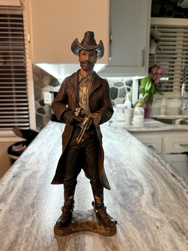 Vintage Cowboy Statue Figure Loading Revolver W/ Trench Coat- 16" Western Dsgn