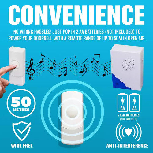 Wireless Doorbell Kit Battery Operated 50M Range 1 or 2 Chimes Elpine Home - Picture 6 of 10