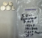 Lot of 5 UNC Roosevelt 90% Silver Dimes 1954P, 1961 P-D, 1962P, 1964P COBM-9443