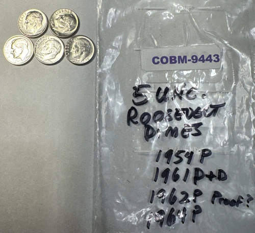 Lot of 5 UNC Roosevelt 90% Silver Dimes 1954P, 1961 P-D, 1962P, 1964P COBM-9443