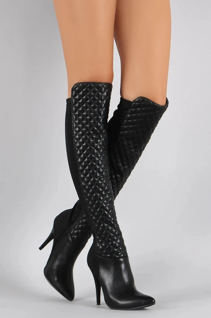 Botas de aguja Anne Michelle negras acolchadas y lycra OTK punta puntiaguda talla 6