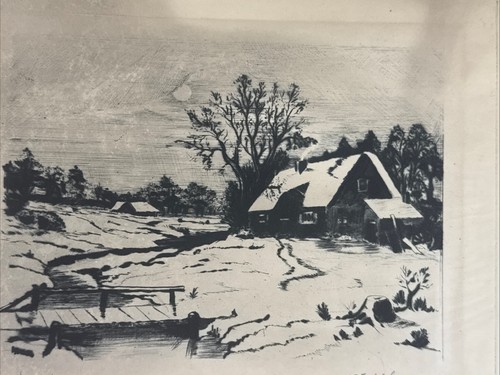 Dibujo de arte popular de colección 1935 “Nieve de diciembre #8” por E.F Walsh, firmado 11,5x14” - Imagen 2 de 10