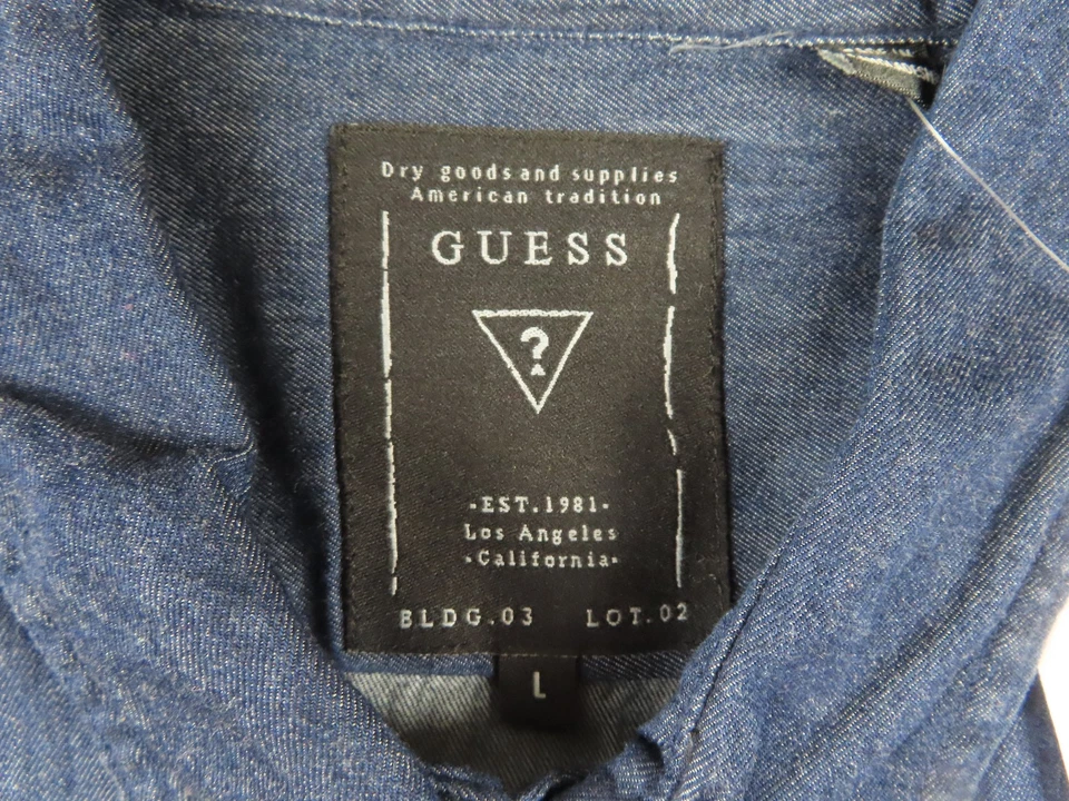 Guess Shirt Mens Large Blue Chambray Denim Dark Wash Slim Fit Short Sleeve NEW - Image 3 of 4