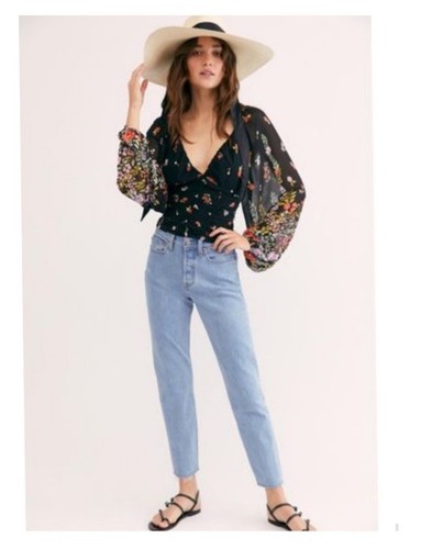 Free People Final Rose Blouse Balloon Sleeve Black Floral Ruched Smocked XS - Picture 6 of 9