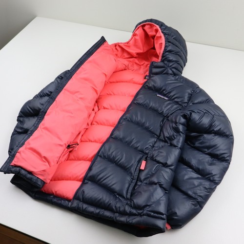 Patagonia Hi-Loft Down Sweater Hoody Puffer Jacket Kids Girls Large 12 Blue Pink - Picture 2 of 14