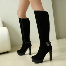 Women's Platform Round Toe Knee High Boots High Heel Pumps Shoes for Winter