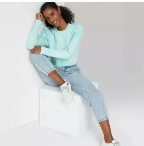 Wild Fable Damen Puffärmel Rundhalsausschnitt Pullover - blau Größe Small