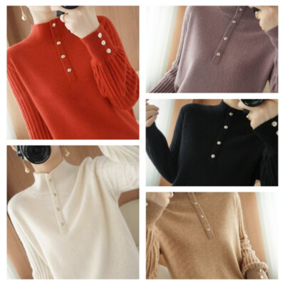 Damen Rollkragen Strick Pullover Sweatshirt Freizeit Puffärmel