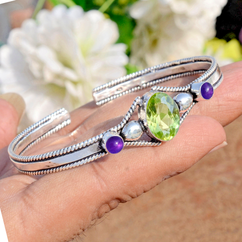 Faceted Peridot & Amethyst Gemstone 925 Sterling Silver Bracelet Latest Jewelry - Picture 2 of 9