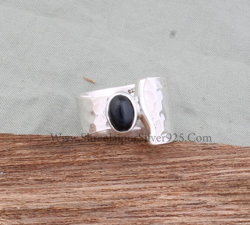 Natural Black Onyx Gemstone 925 Sterling Silver Hammered Band Ring Gift Her - Picture 5 of 7
