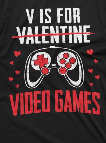 Men's Valentine's day Funny Gamer T-shirt V for Video Games Gaming Boyfriend Tee - Picture 5 of 9