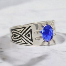 Blue Sapphire Oval Cut Gemstone With 14K Solid White Gold Ring For Men's 837