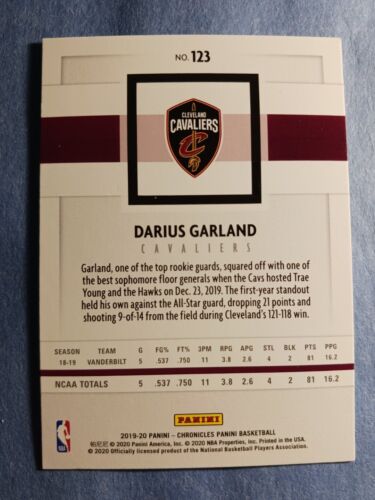 Darius Garland 2019-20 Panini Chronicles RC #123 Cleveland Cavaliers Cavs - Picture 2 of 2