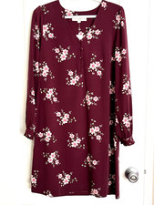 ANN TAYLOR LOFT Burgundy Floral Swing Button Long Sleeve Dress Sz 4