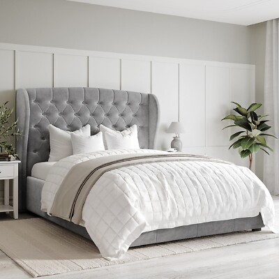 New Modern Safina Wing Back King Size Ottoman Bed Grey Velvet Bedroom Furniture 5056096007299 eBay