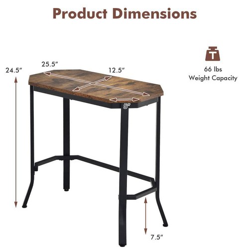 Costway End Table 25.5"x12.5" C-Shaped Steel Frame/Rustic Wood Grain Top Brown - Picture 3 of 9