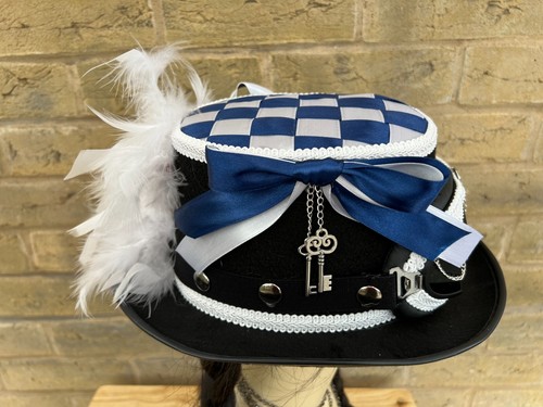Black Navy White Steampunk Top Hat Feathers Checkered Goggles Keys 57cm (39) - Picture 6 of 8