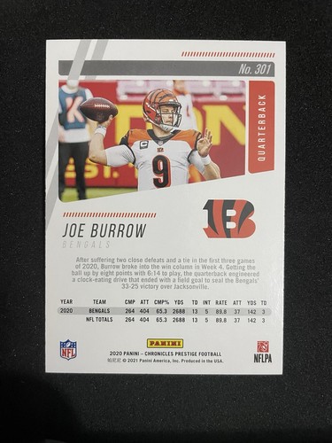 Panini Chronicles Prestige 2020 actualización de novato Joe Burrow #301 Rookie Bengals radiocontrol - Imagen 2 de 2