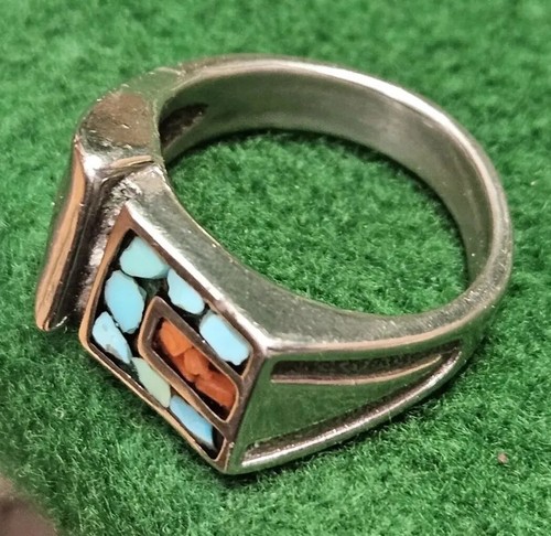 Vtg. Navajo Ray Tracey Turquoise Coral Inlay Sterling Silver 925 Ring Size 8 - Picture 20 of 22