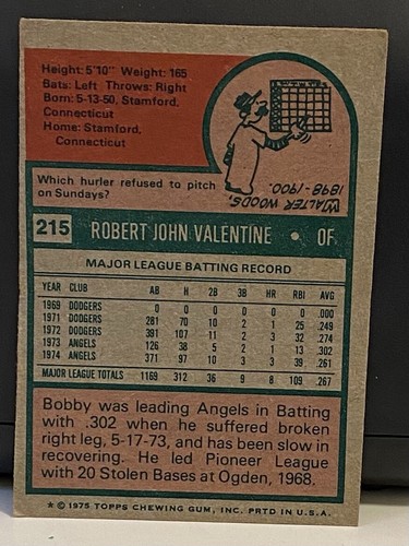 1975 Topps - #215 Bobby Valentine - Bild 2 von 2