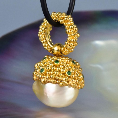Gigantische South Sea Pearl Pendant,Gold Vermeil Sterling,Rosa & Smaragd 11.72g - Bild 2 von 13