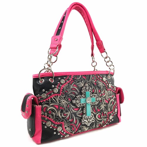 Justin West Turquoise Cross Western Floral Scroll Conceal Carry Handbag Purse - Picture 24 of 55