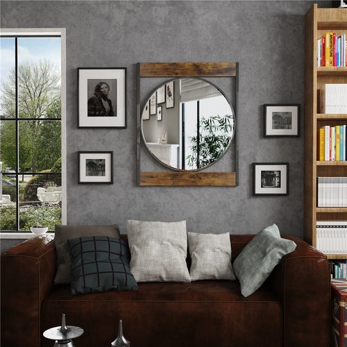 Farmhouse Wooden&Metal Wall Mirror Dampproof Bathroom Mirror Entrance Mirror - Picture 9 of 12