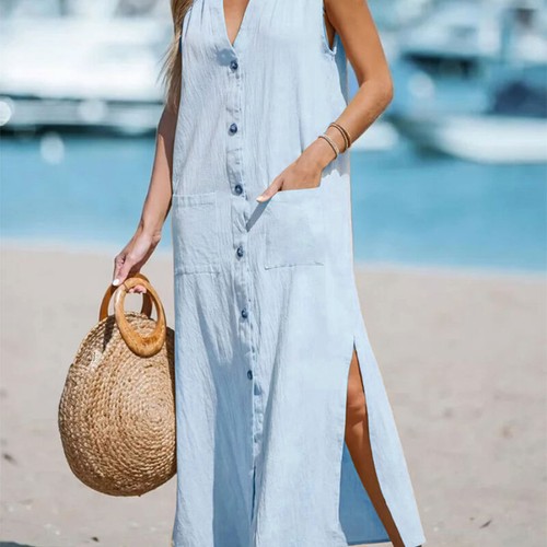 Women's Long Dress Cotton Linen Sleeveless Solid Single Breasted Loose V-Neck - Picture 17 of 18