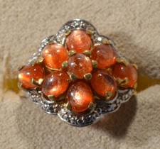 SRI LANKAN SUNSTONE FLORAL CLUSTER-HALO-SIZE 6- 14k YELLOW GOLD/STER SILVER