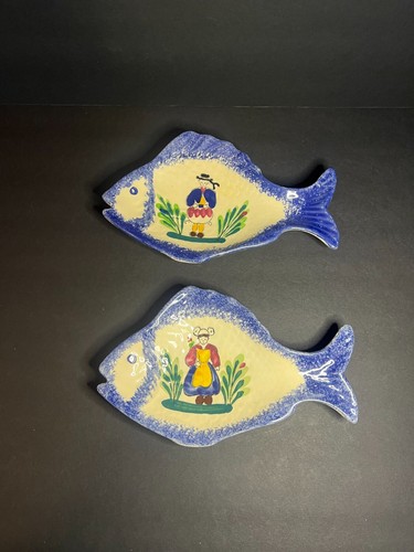 Vintage Set of 3 Hand Painted Ceramic French Rotheneuf Fish Plates / Dish Decor - Picture 6 of 9
