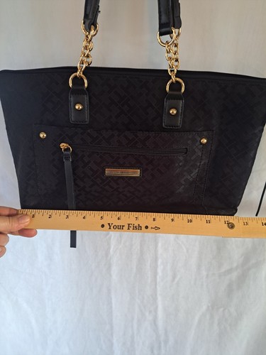 Tommy Hilfiger Large Signature Canvas Purse Gold-Tone Chains Logo Black - Picture 5 of 12