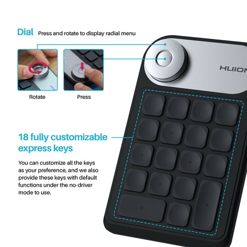 Huion Mini Keydial KD100 18 Express Key do tacki do rysunków Certified Refurbished - Zdjęcie 2 z 8