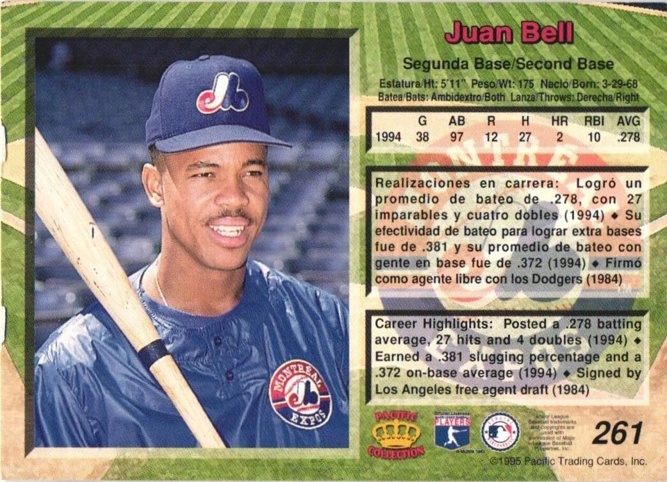 1995 Pacific #261 Juan Bell Montreal Expos - Image 2 of 2